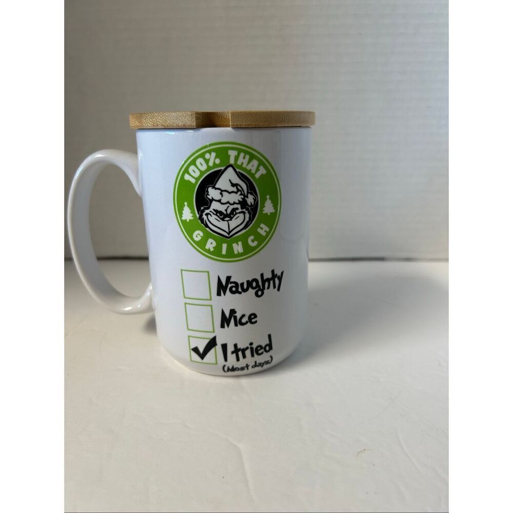Grinch themed 100% that Grinch mug with bamboo lid